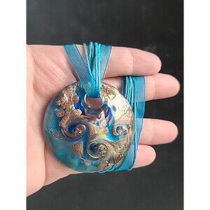 Artisan Blue and Gold Swirl Glass Pendant Adjustable Necklace Vintage READ